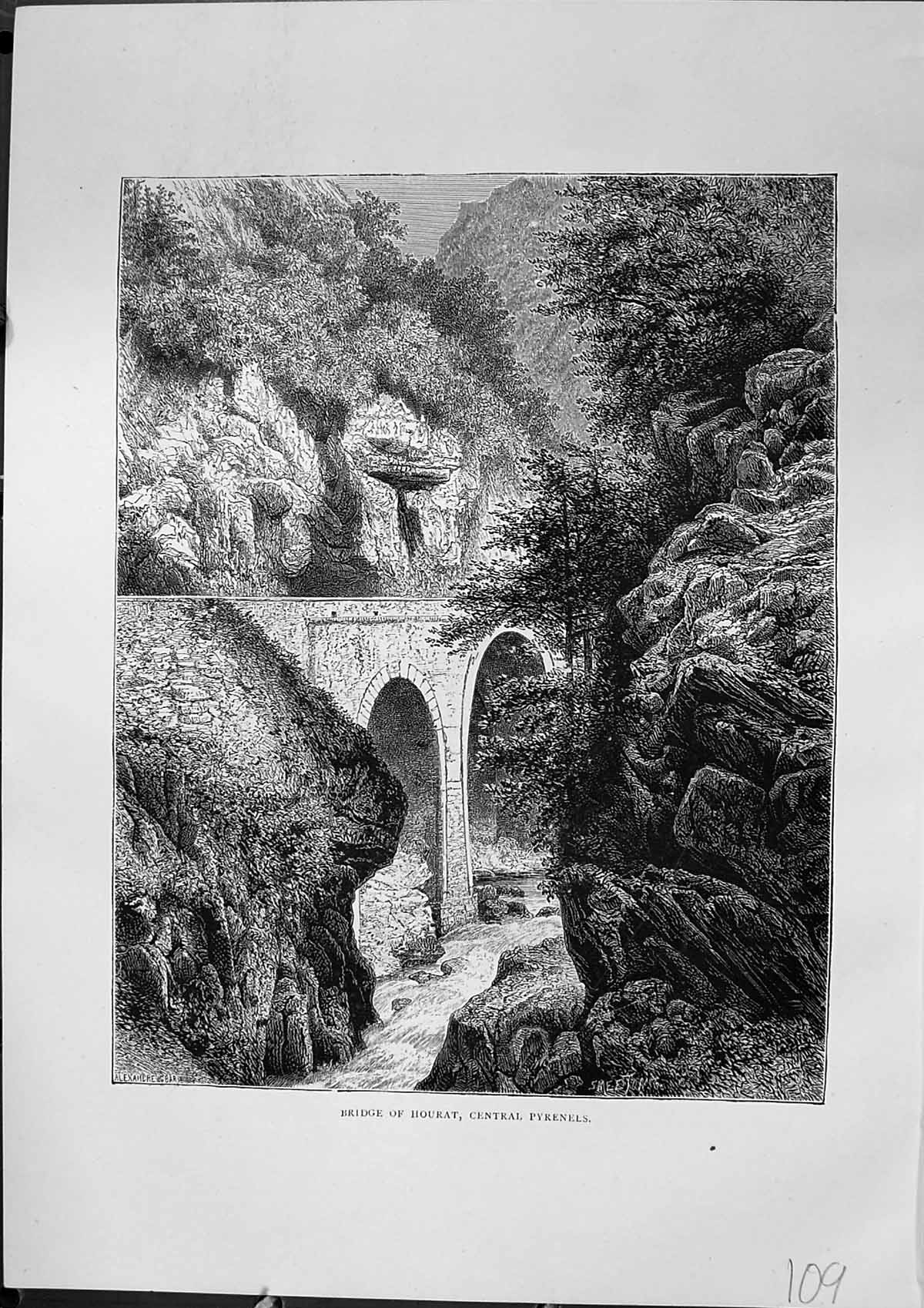 Antique Old Print Bridge Hourat Central Pyrenees River Mountains Furber 1882