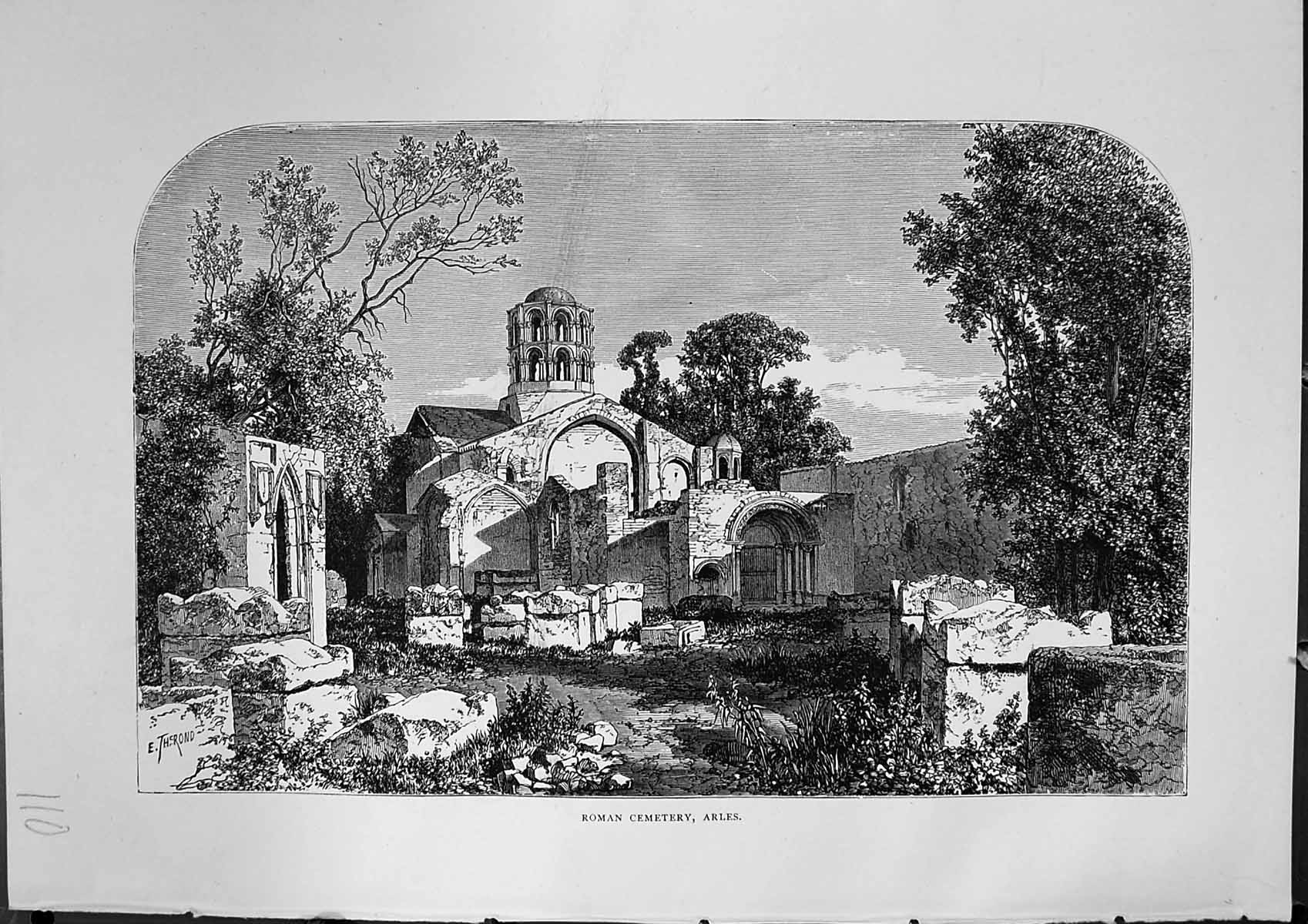 Original Old Antique Print View Roman Cemetery Arles Church Graves Furber 1882