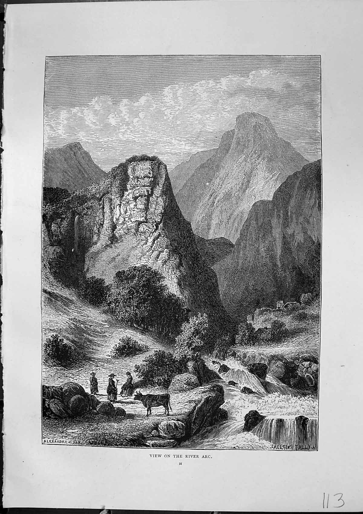 Old Antique Print View River Arc People Cow River Mountains Furber 1882 19th