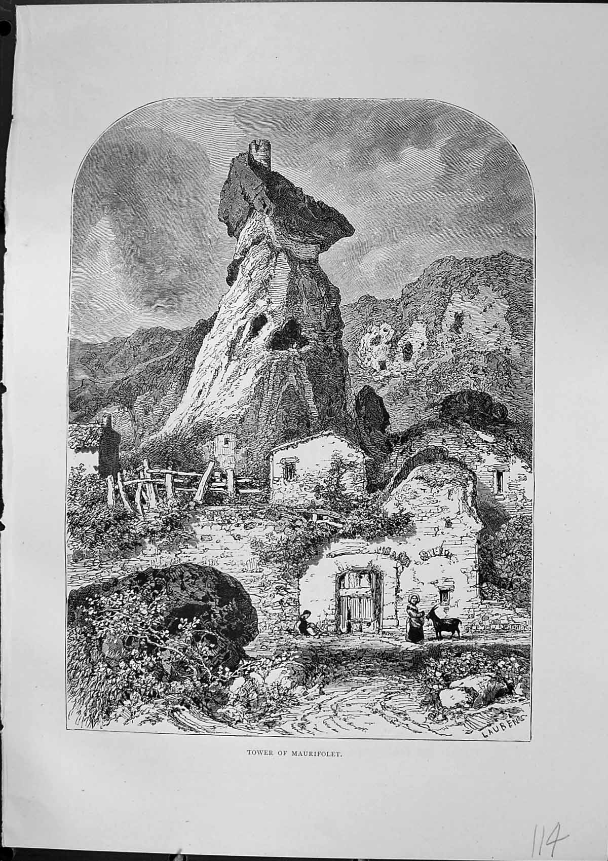 Original Old Antique Print View Tower Maurifolet Houses Laubens Furber 1882