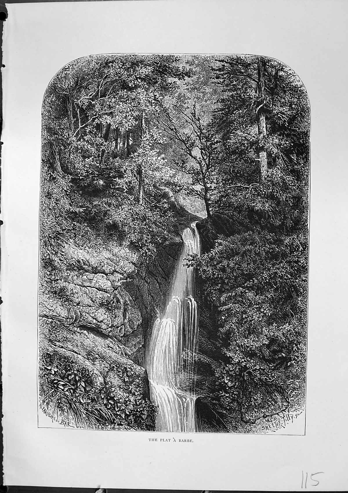 Original Old Antique Print Plat Barbe Waterfall River Trees Furber 1882 19th