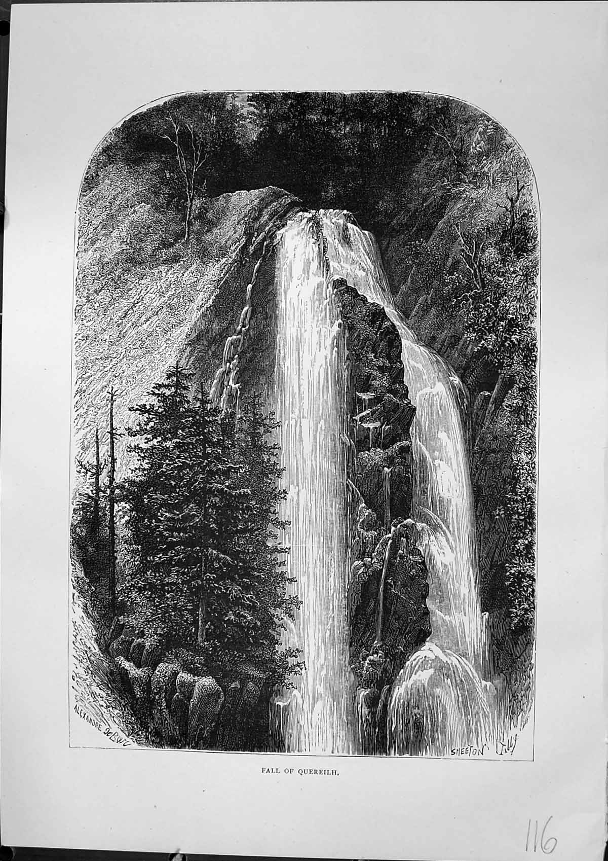Antique Old Print Water Fall Quereilh River Trees River Smeeton Furber 1882