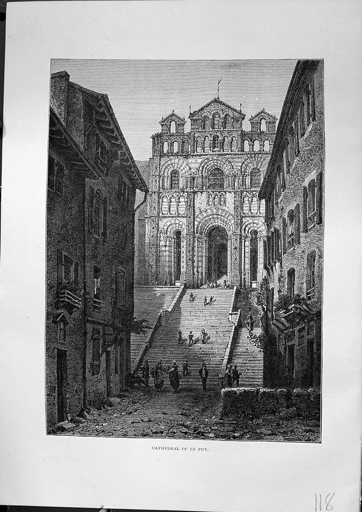 Original Old Antique Print Exterior Cathedral Le Puy Architecture Furber 1882