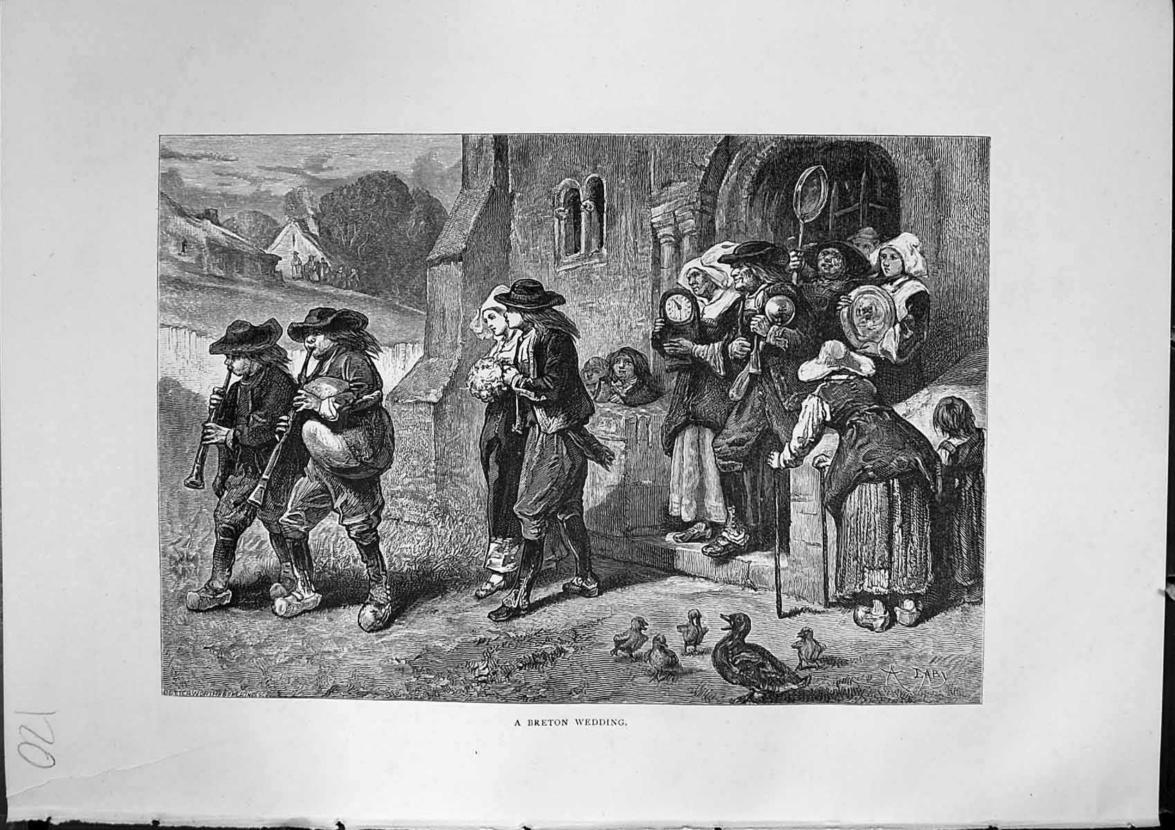 Original Old Antique Print Scene Breton Wedding Church Celebration Furber 1882