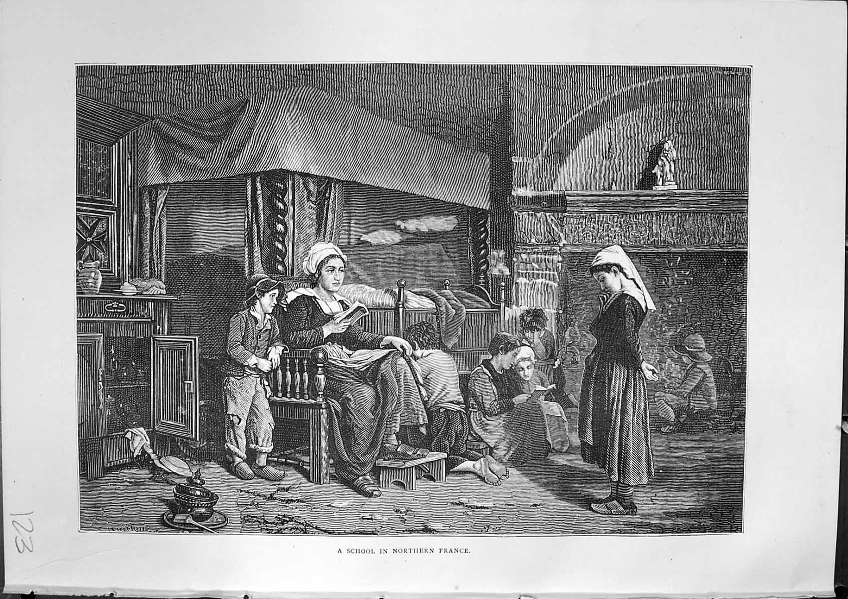 Old Antique Print School Scene Northern France Teacher Pupils Furber 1882 19th