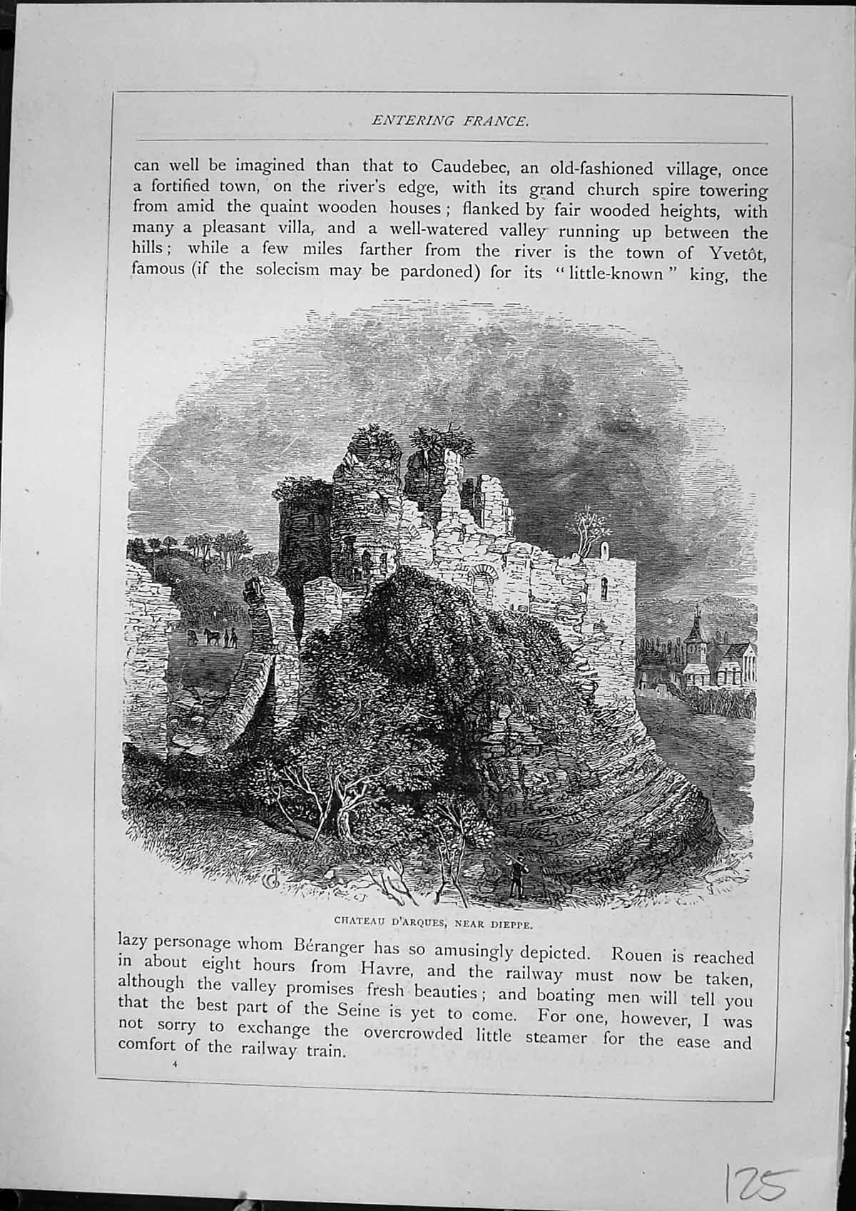 Original Old Antique Print Ruins Chateau D'Arques Dieppe France Furber 1882