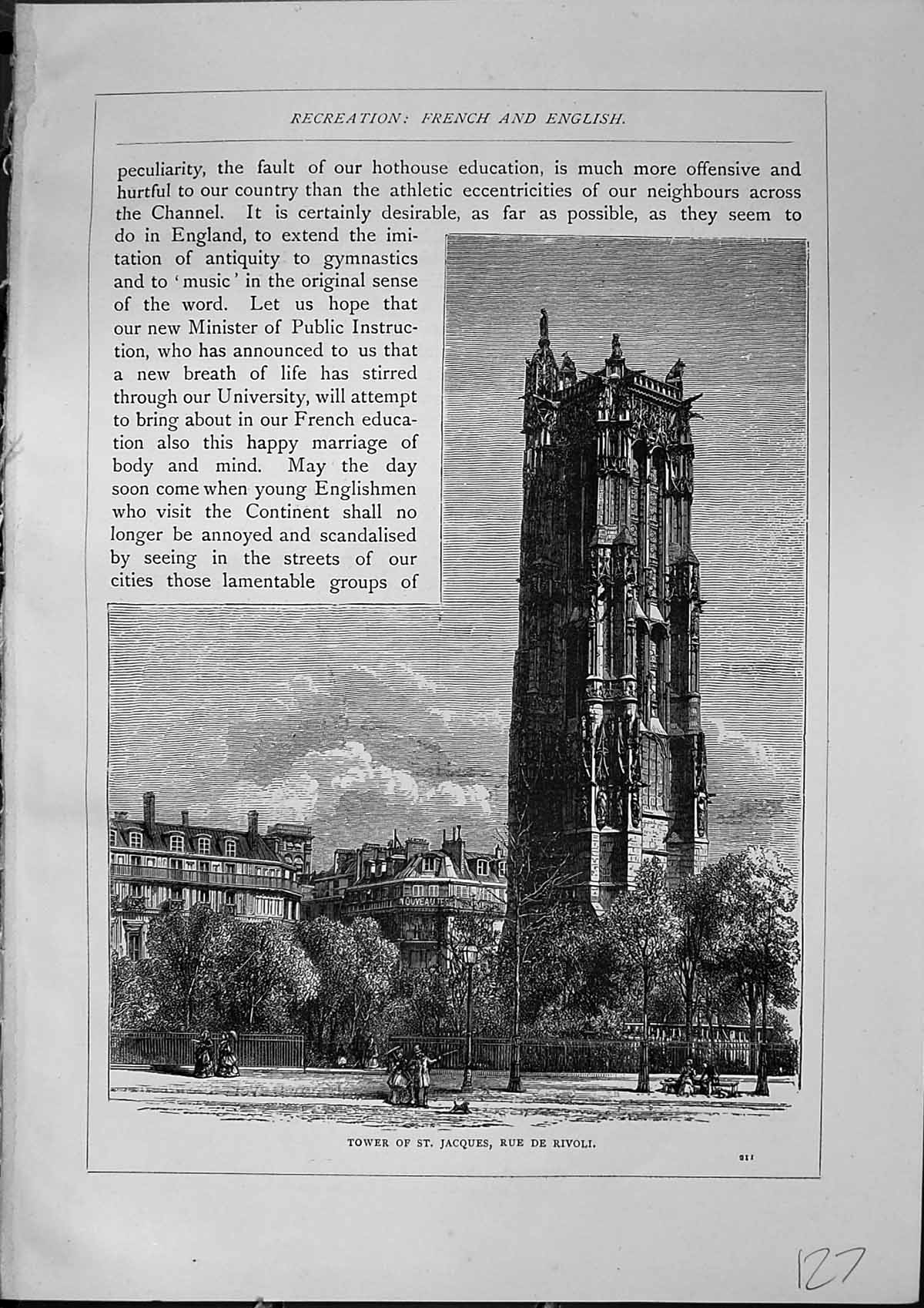 Antique Old Print Tower St. Jacques Rue De Rivoli Architecture Furber 1882 19th