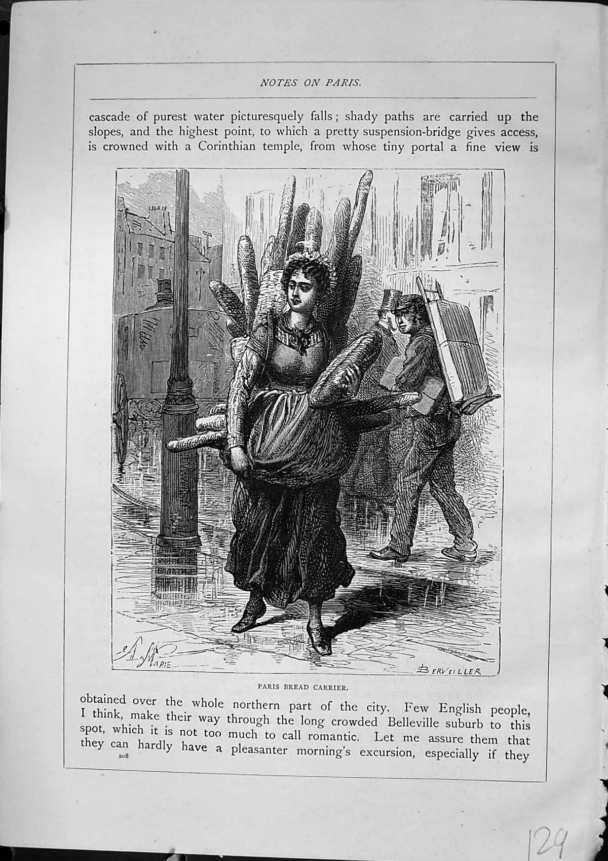 Original Old Antique Print Street Scene Paris Bread Carriers France Furber 1882