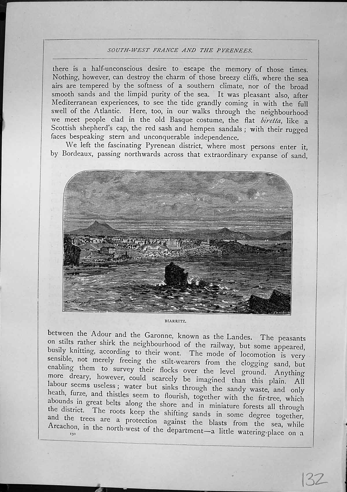 Original Old Antique Print View Biarritz France Mountains Houses Furber 1882