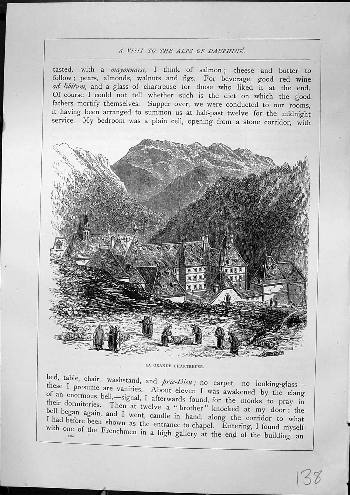 Antique Old Print Mountains La Grande Chartreuse Monks Monastery Furber 1882