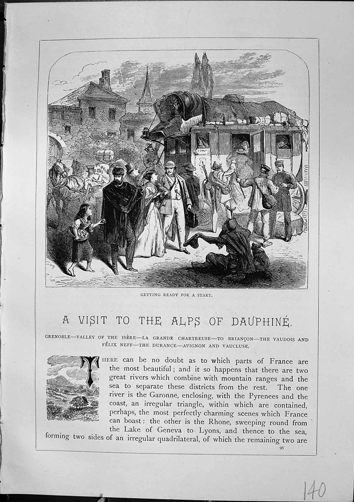 Original Old Antique Print Transport Coach Passengers France Furber 1882 19th