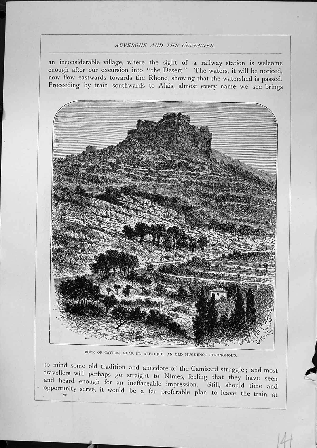 Original Old Antique Print Rock Caylus St. Affrique Huguenot StronghFurber 1882