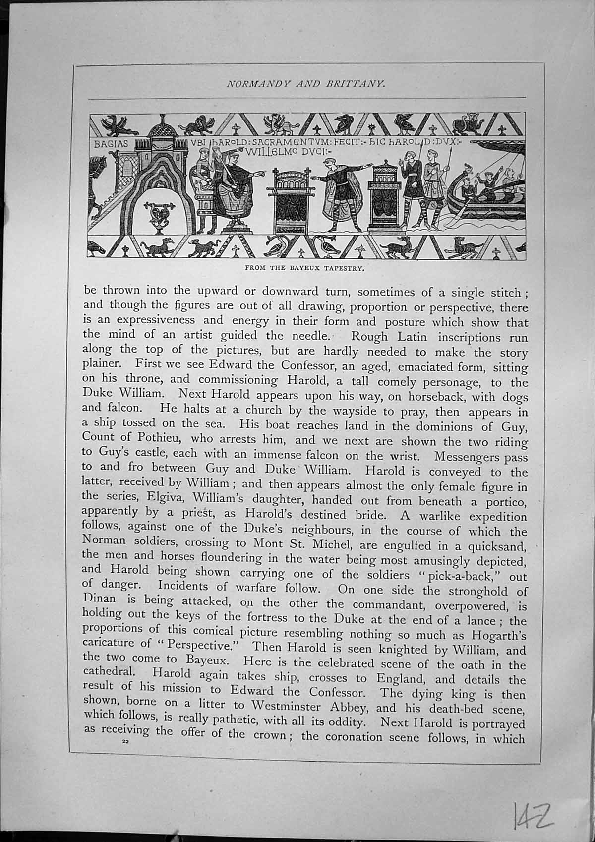 Original Old Antique Print Bayeux Tapestry France Furber 1882 19th