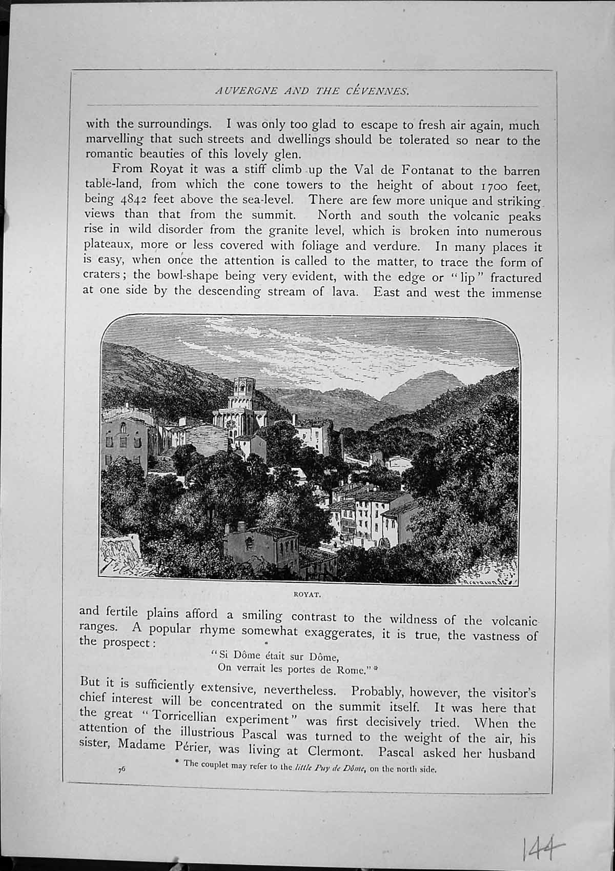 Original Old Antique Print View Royat Mountains France Houses Furber 1882 19th