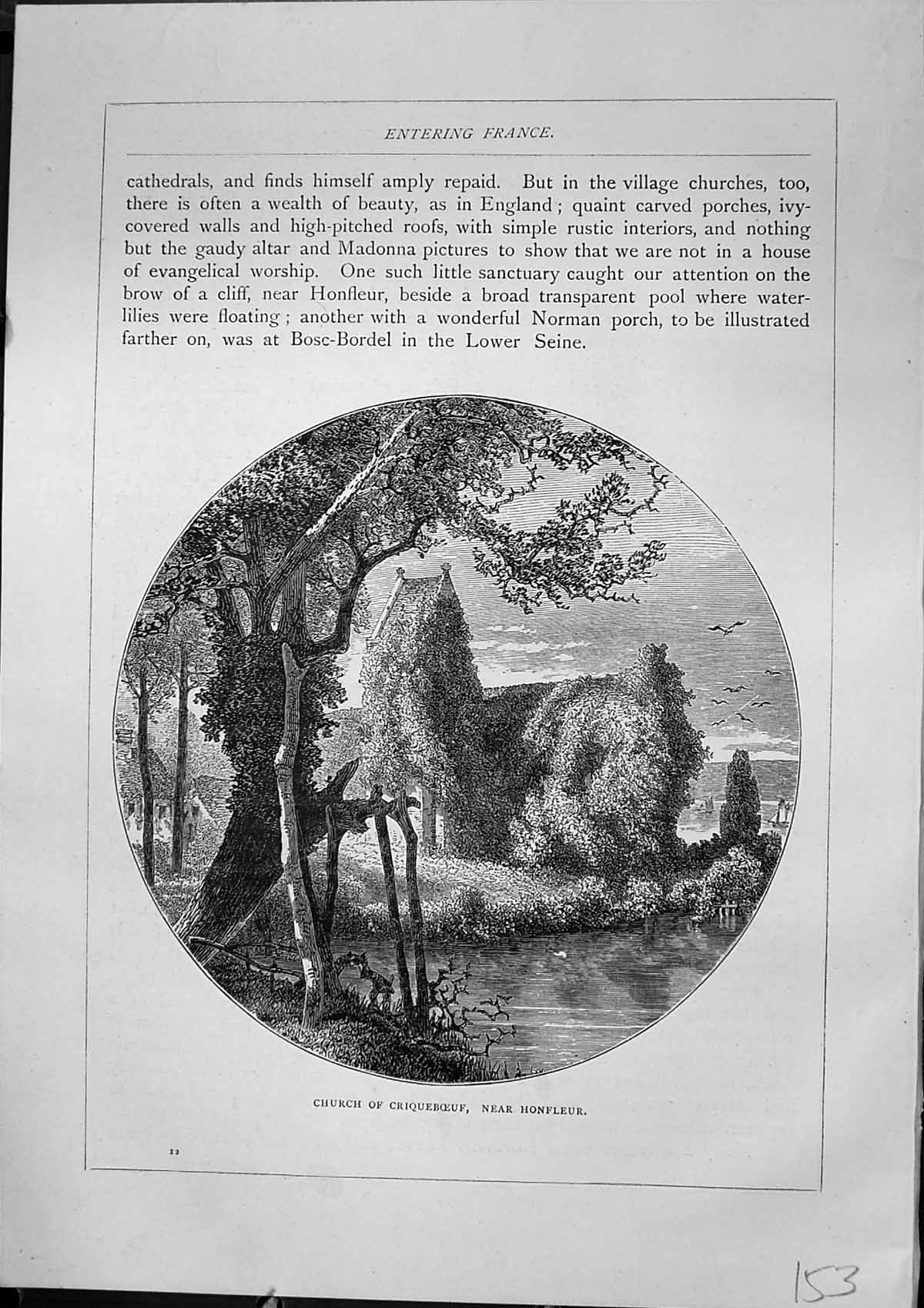 Original Old Antique Print Furber 1882 Church Criqueboeuf Honfleur River Trees