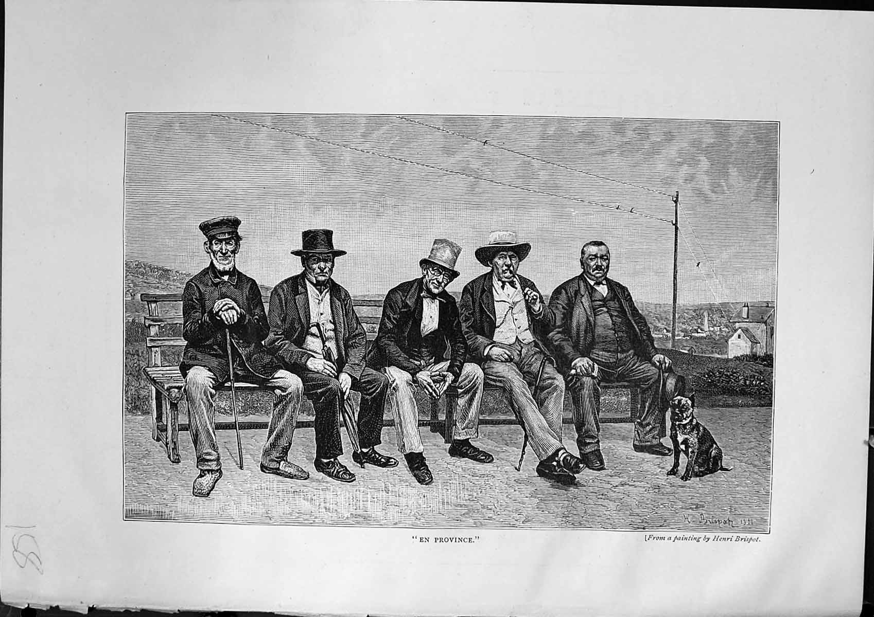Antique Old Print Men Sitting Bench En Province Paris Exhibition Furber 1882