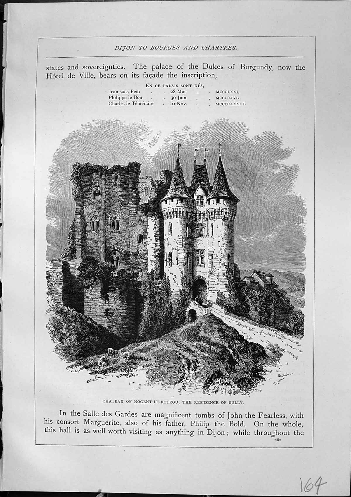Antique Old Print Chateau Nogent-Le-Rotrou Sully Bourges France Furber 1882