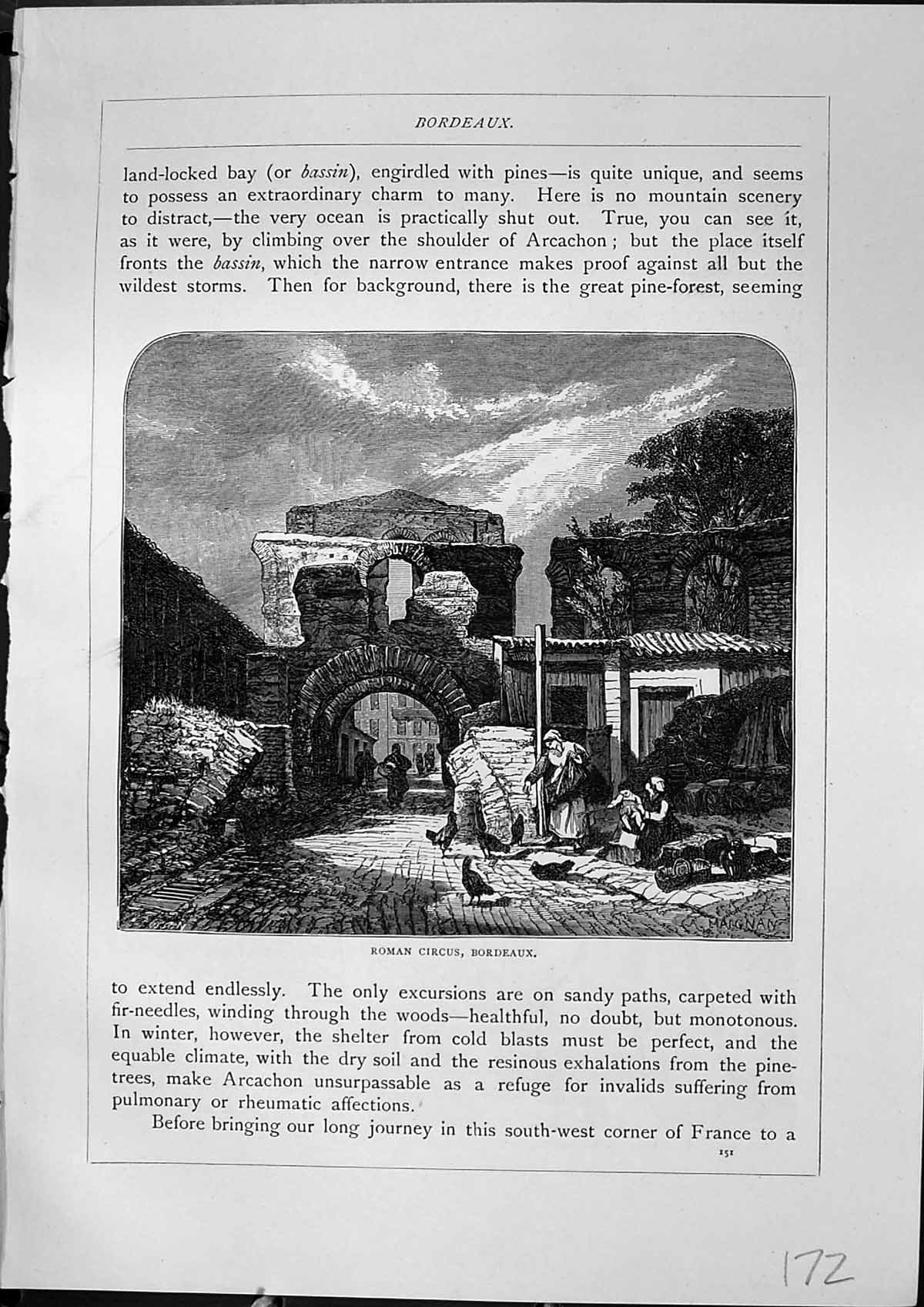Antique Old Print Roman Circus Bordeaux Peasant Landes France Furber 1882 19th