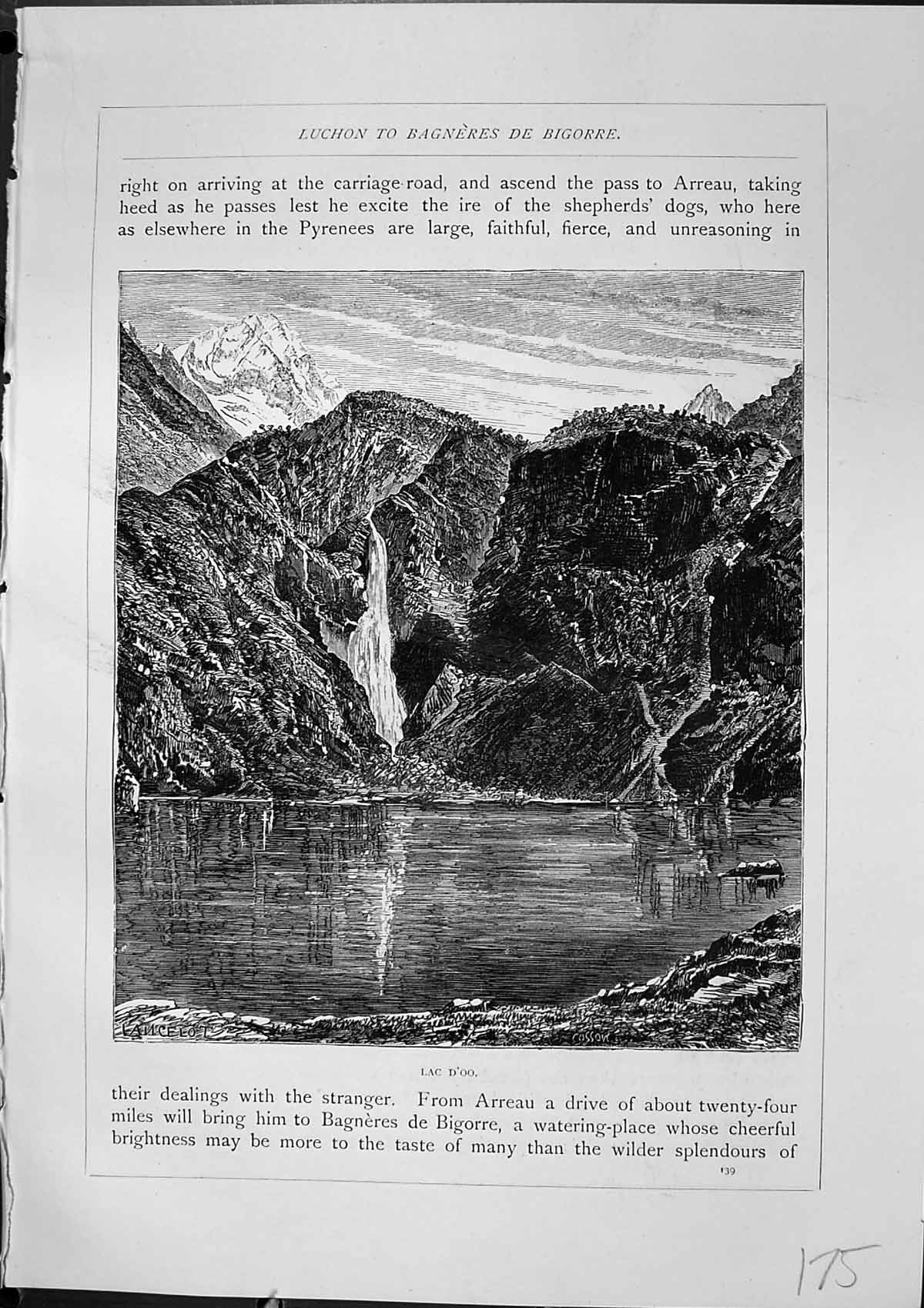 Antique Old Print Lac D'Oo Mountains Waterfall Shepherd Girl Dog Furber 1882