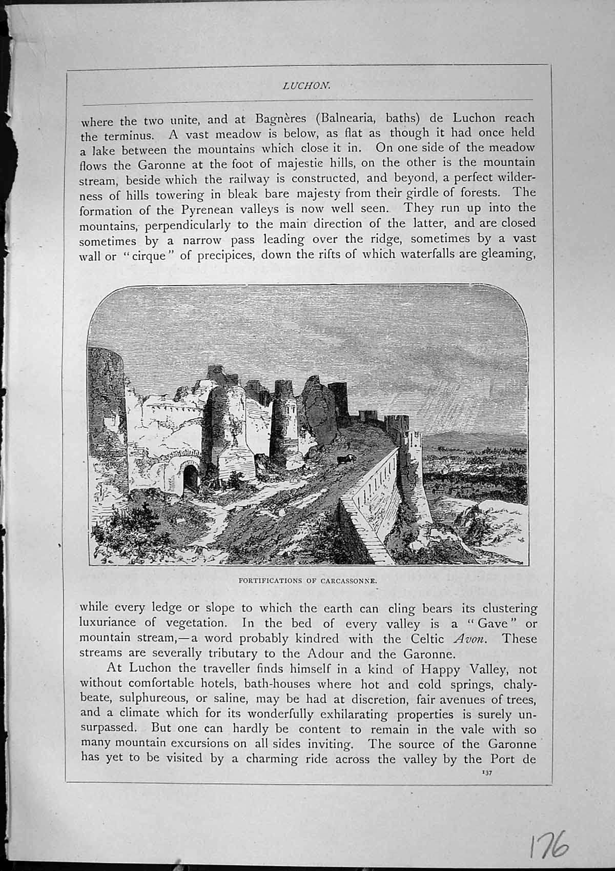 Original Old Antique Print Fortifications Carcassonne Furber 1882 Victorian