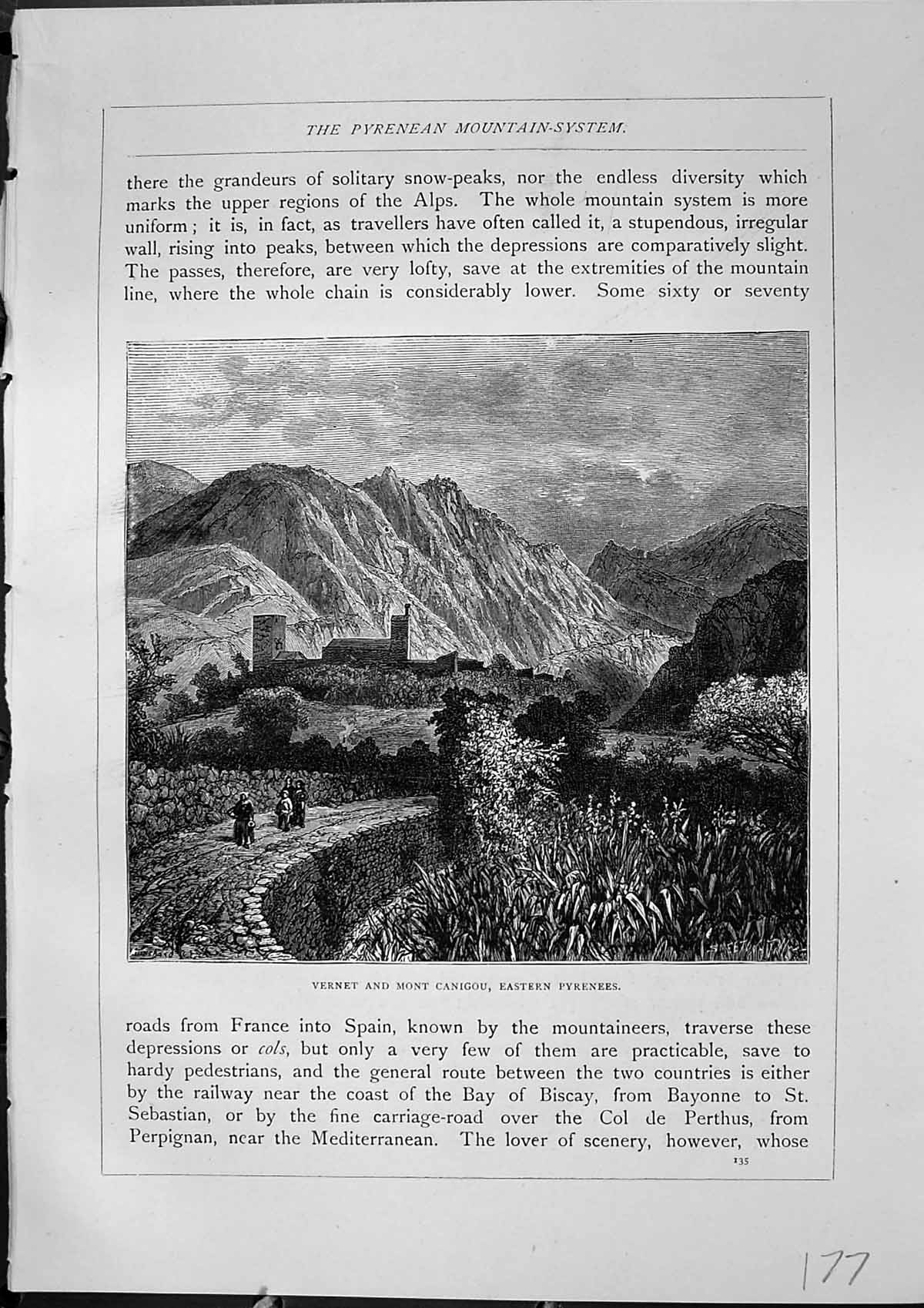 Original Old Antique Print Vernet Mont Canigou Pyrenees Mountains Furber 1882