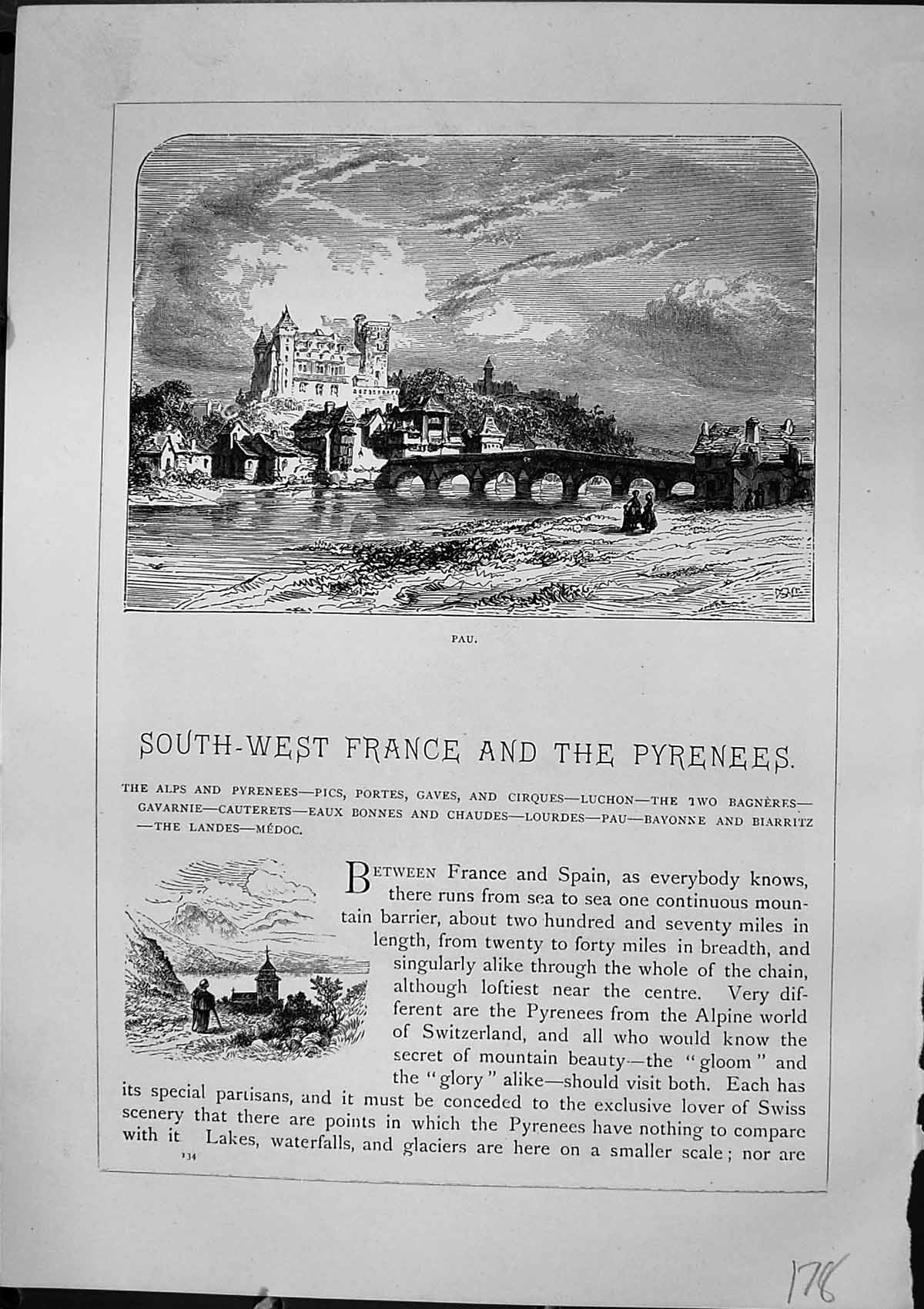 Original Old Antique Print View Pau River Bridge Boats France Furber 1882 19th
