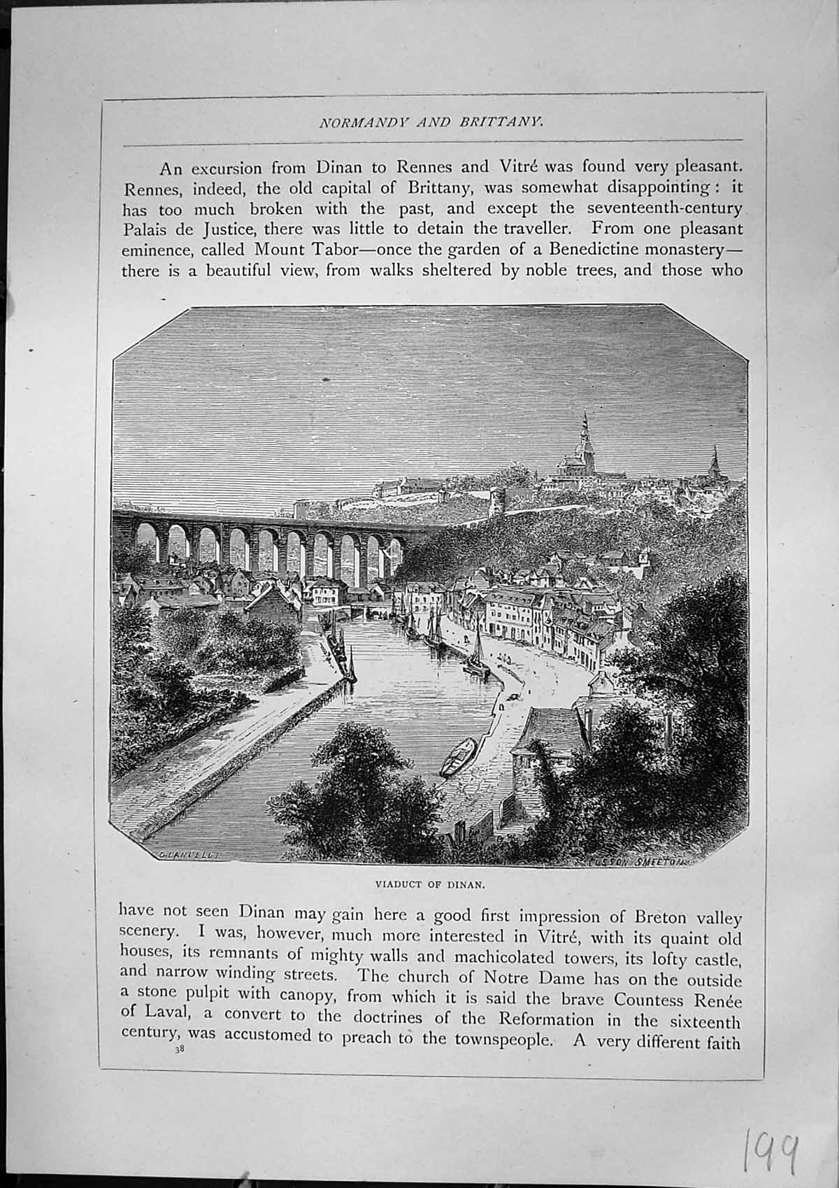 Antique Old Print View Viaduct Dinan Breton Cavalry Architecture Furber 1882