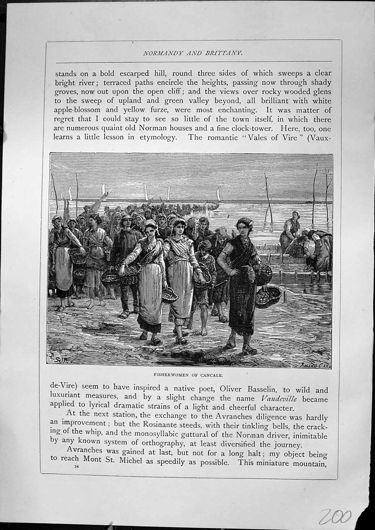 Old Antique Print Fisherwomen Cancale Crypt Mont St. Michel Furber 1882 19th