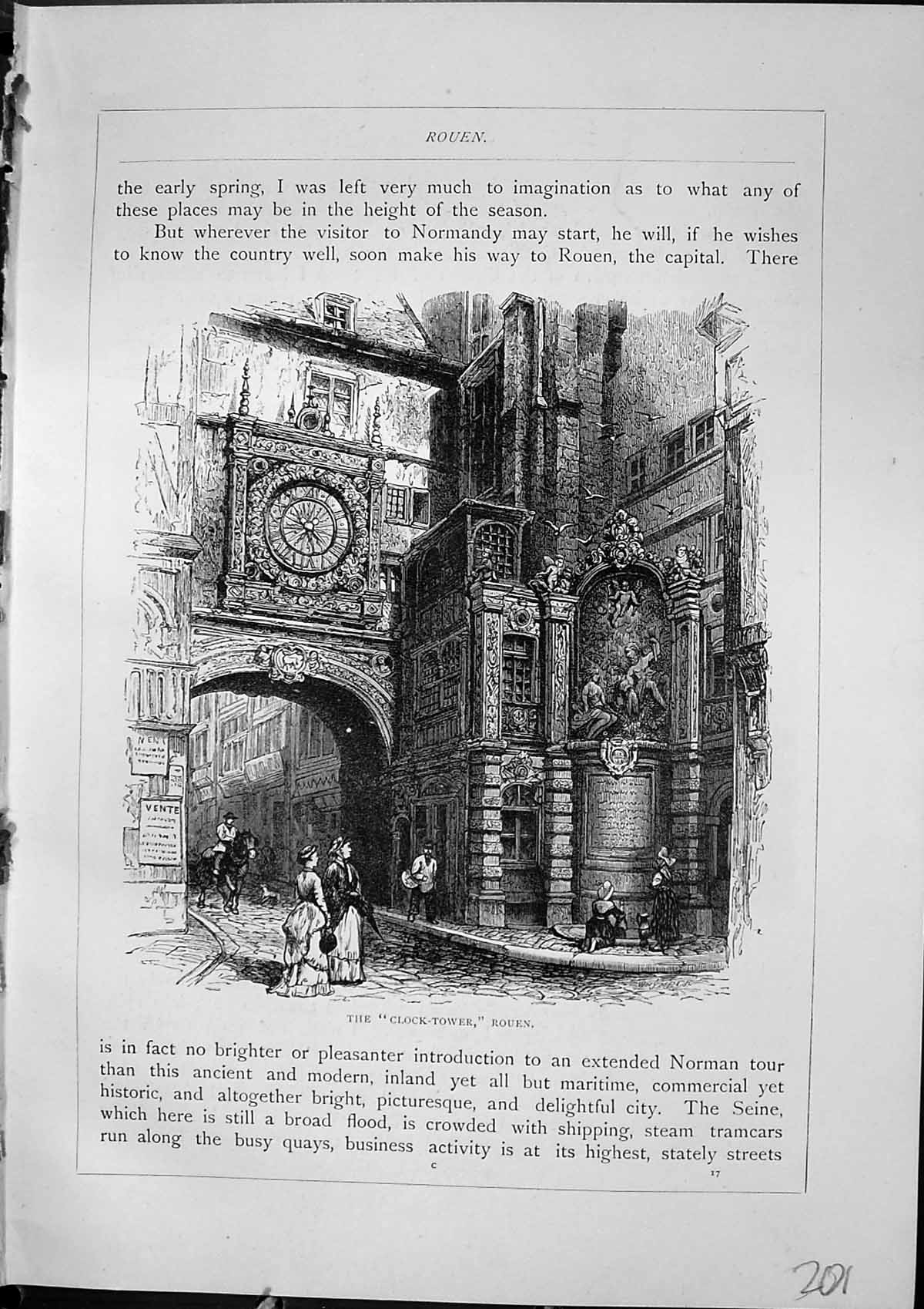 Old Print Clock Tower Rouen St. Ouen Cathedral Architecture Furber 1882 19th