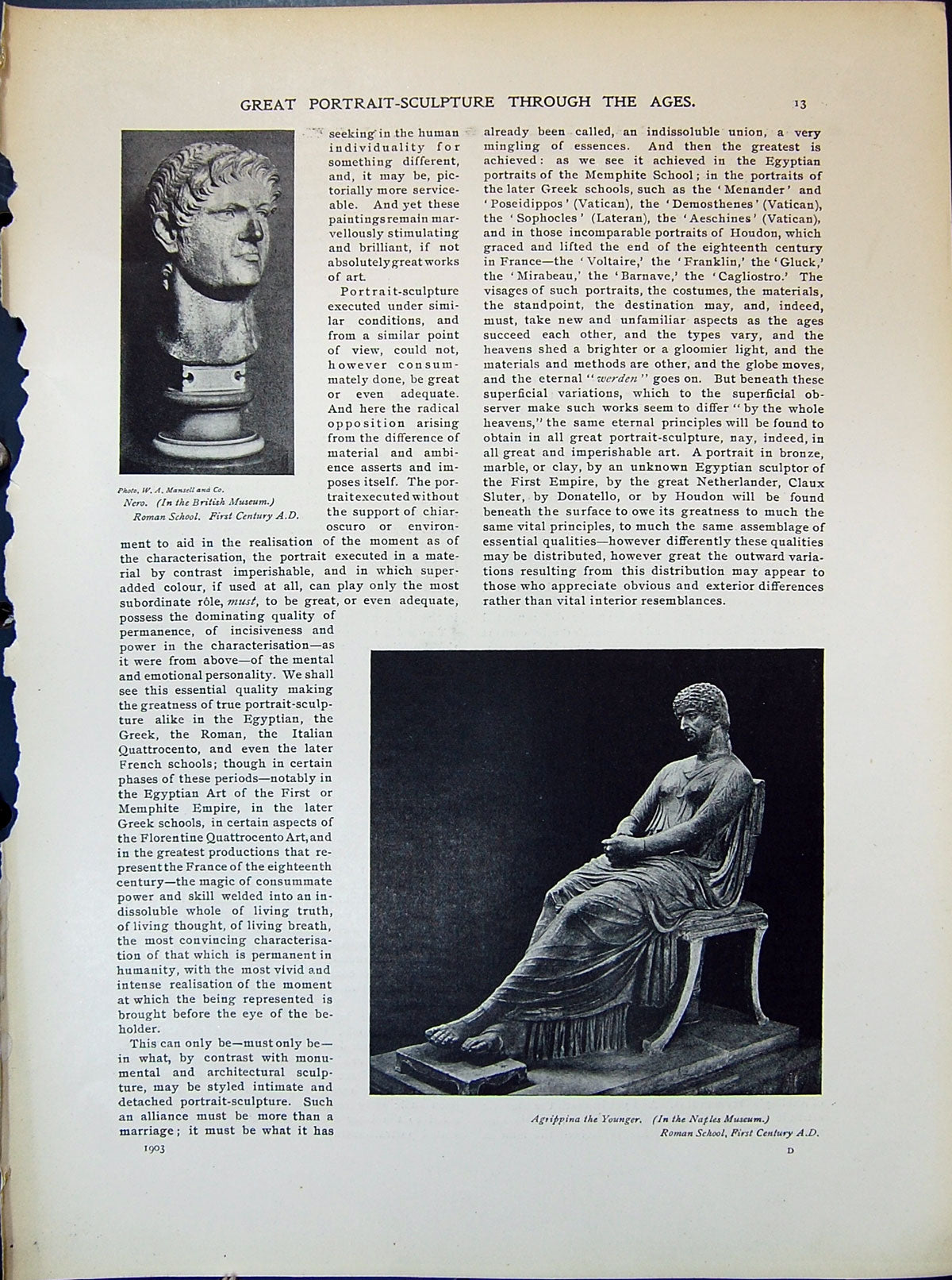 Old Print Sculpture Nero Mansell Agrippina Younger Naples Museum 1903 Art 20th