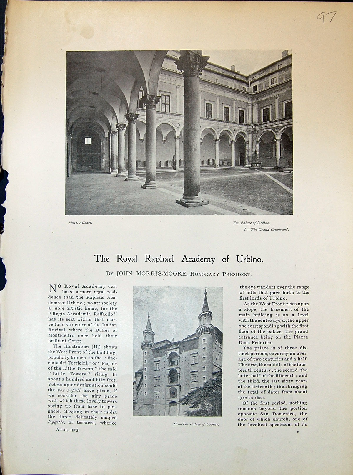Old Print Palace Urbino Grand Courtyard Diploma Raphael Academy 1903 Art 20th