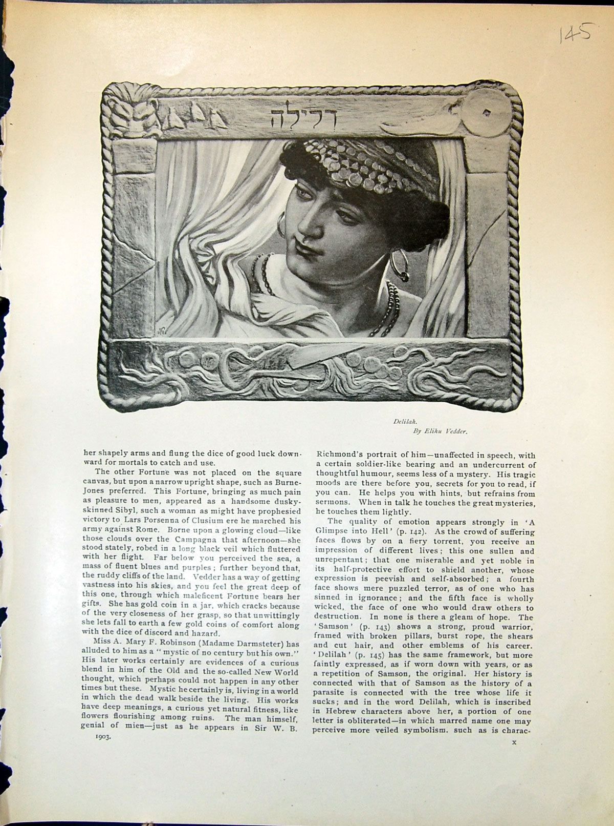 Old Portrait Delilah Elihu Vedder Heart Rose Nude Lady 1903 Art Journ 20th