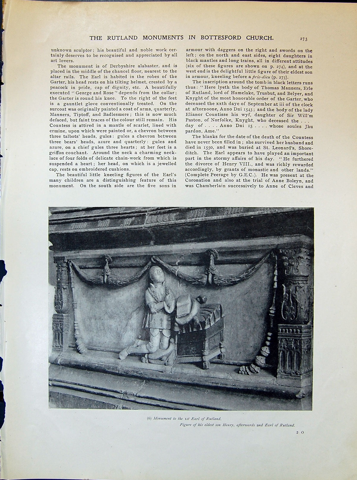 Old Print Monument Earl Rutland Figure Henry Daughters Sculpture 1903 Art 20th