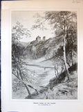 Old Print View Newark Tower Yarrow Trees Man Fishing Macwhirter 1903 Art 20th