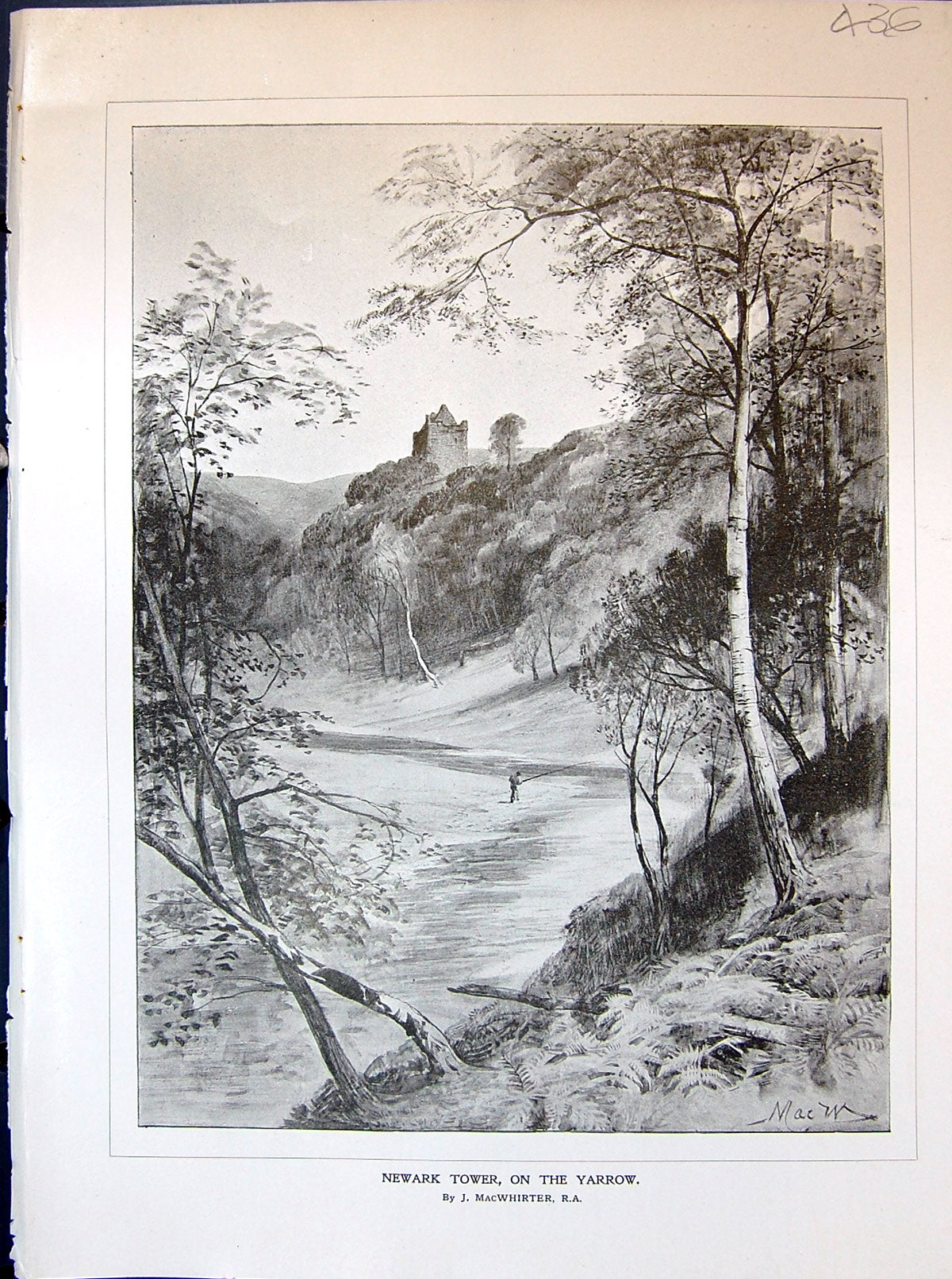 Old Print View Newark Tower Yarrow Trees Man Fishing Macwhirter 1903 Art 20th
