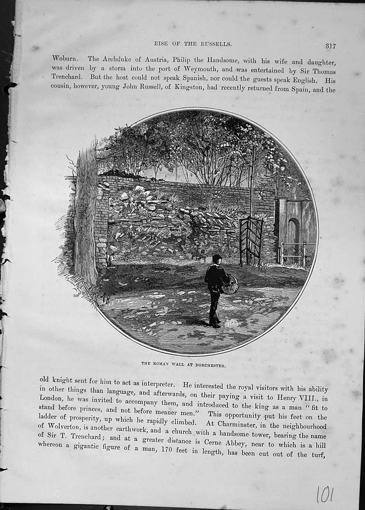 Original Old Antique Print Cassell C1882 Roman Wall Dorchester England 19th