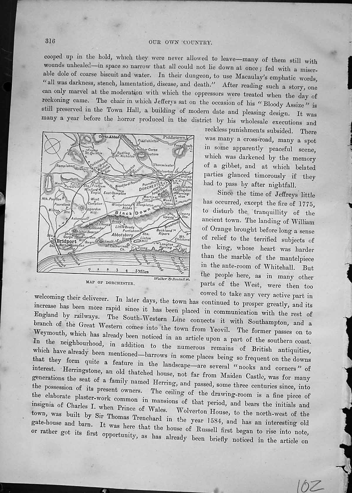 Antique Old Print Map Dorchester England Bridport Black Down Cassell C1882 19th