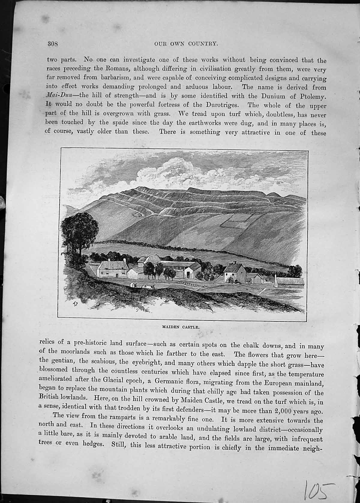 Original Old Antique Print Maiden Castle Houses Hills England Cassell C1882