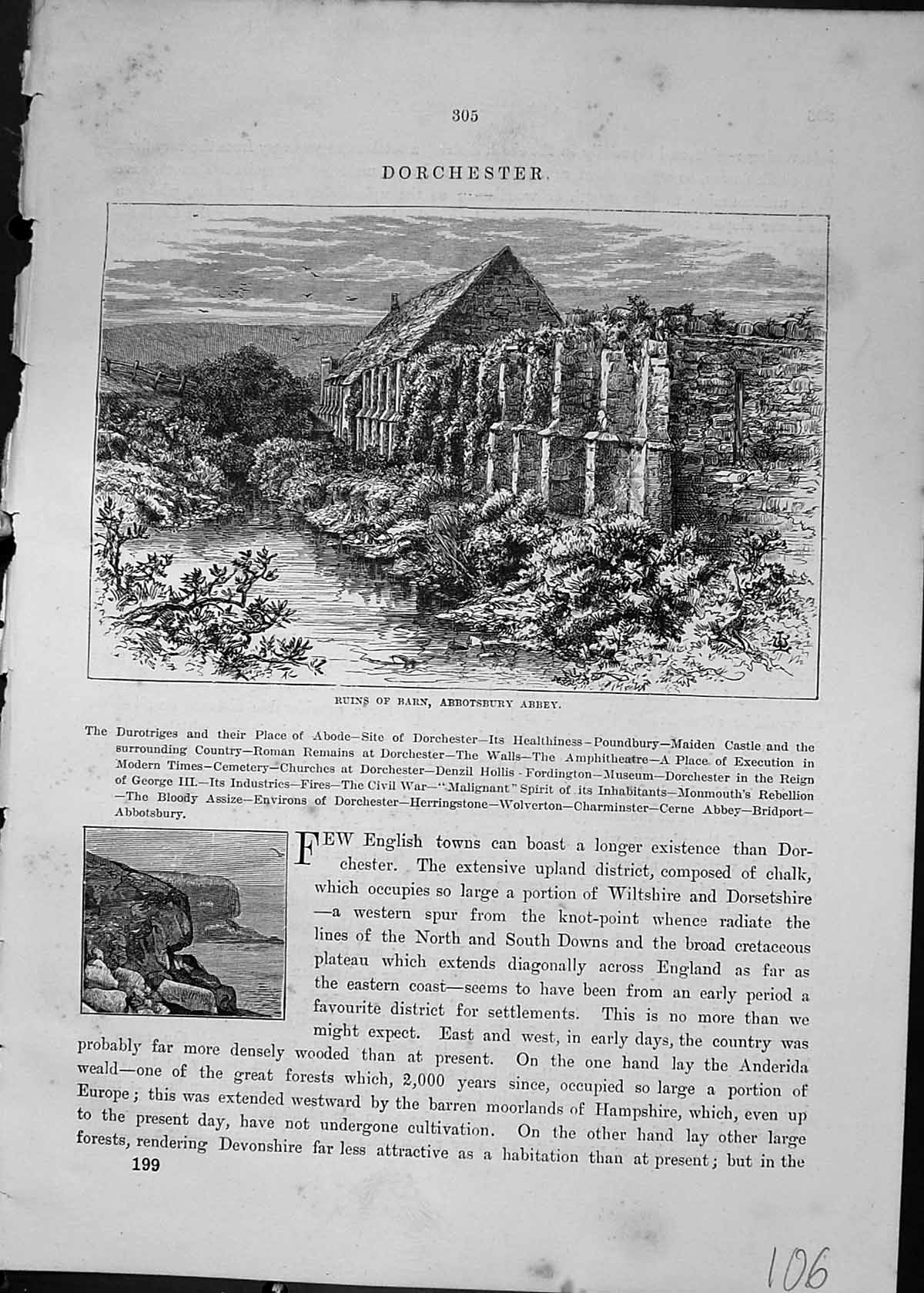 Antique Print Ruins Barn Abbotsbury Abbey Dorchester England Cassell C1882 19th