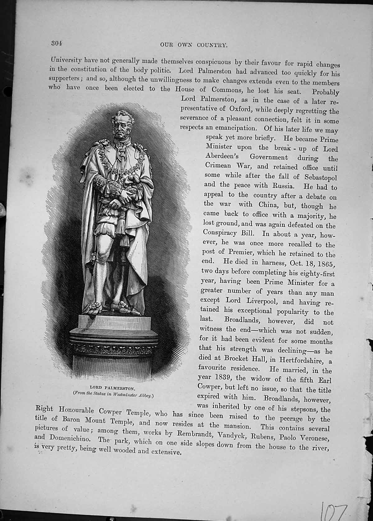 Antique Print Statue Lord Palmerston Westminster Abbey London Cassell C1882