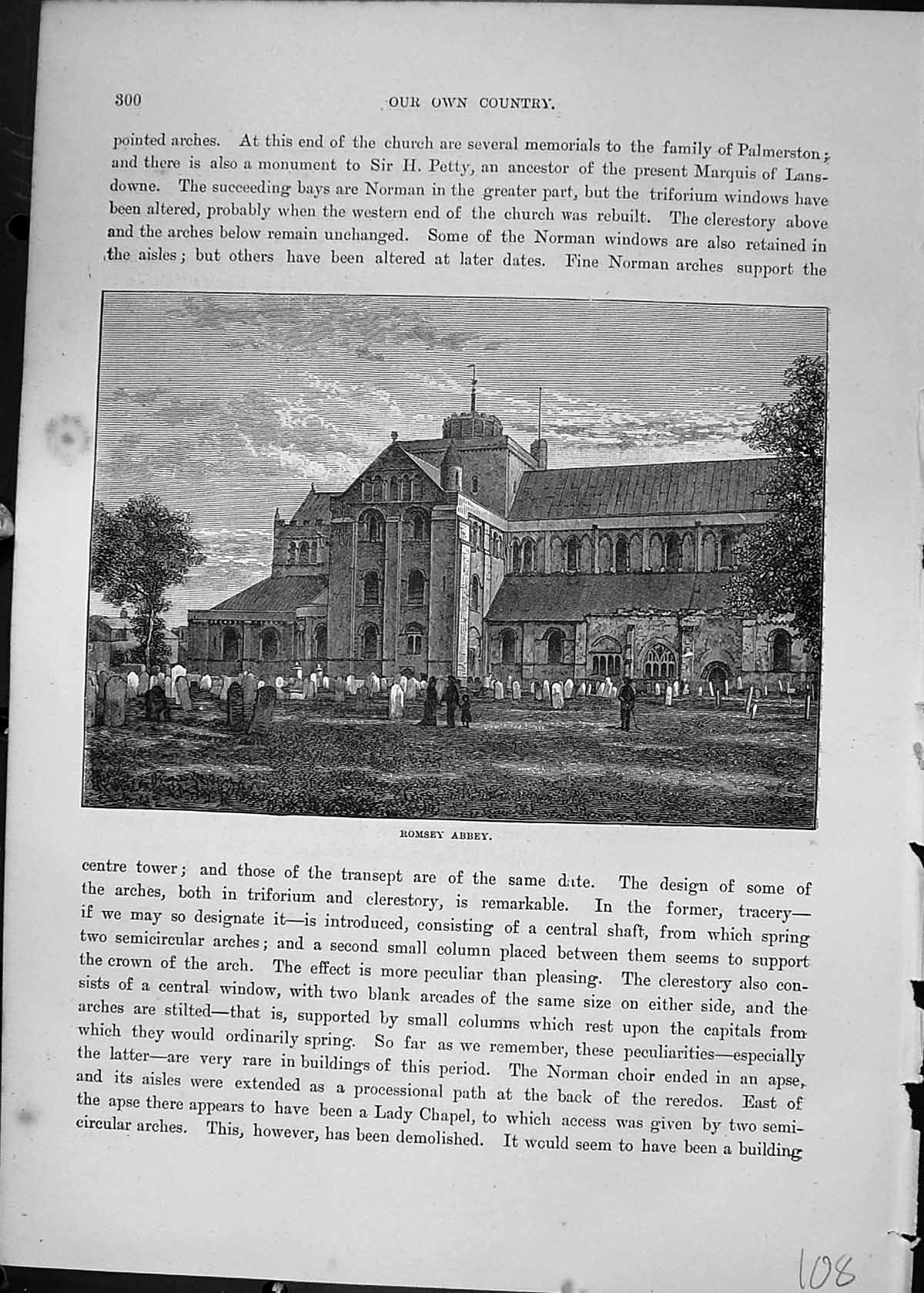 Antique Old Print Romsey Abbey Church Graveyard Architecture Cassell C1882 19th