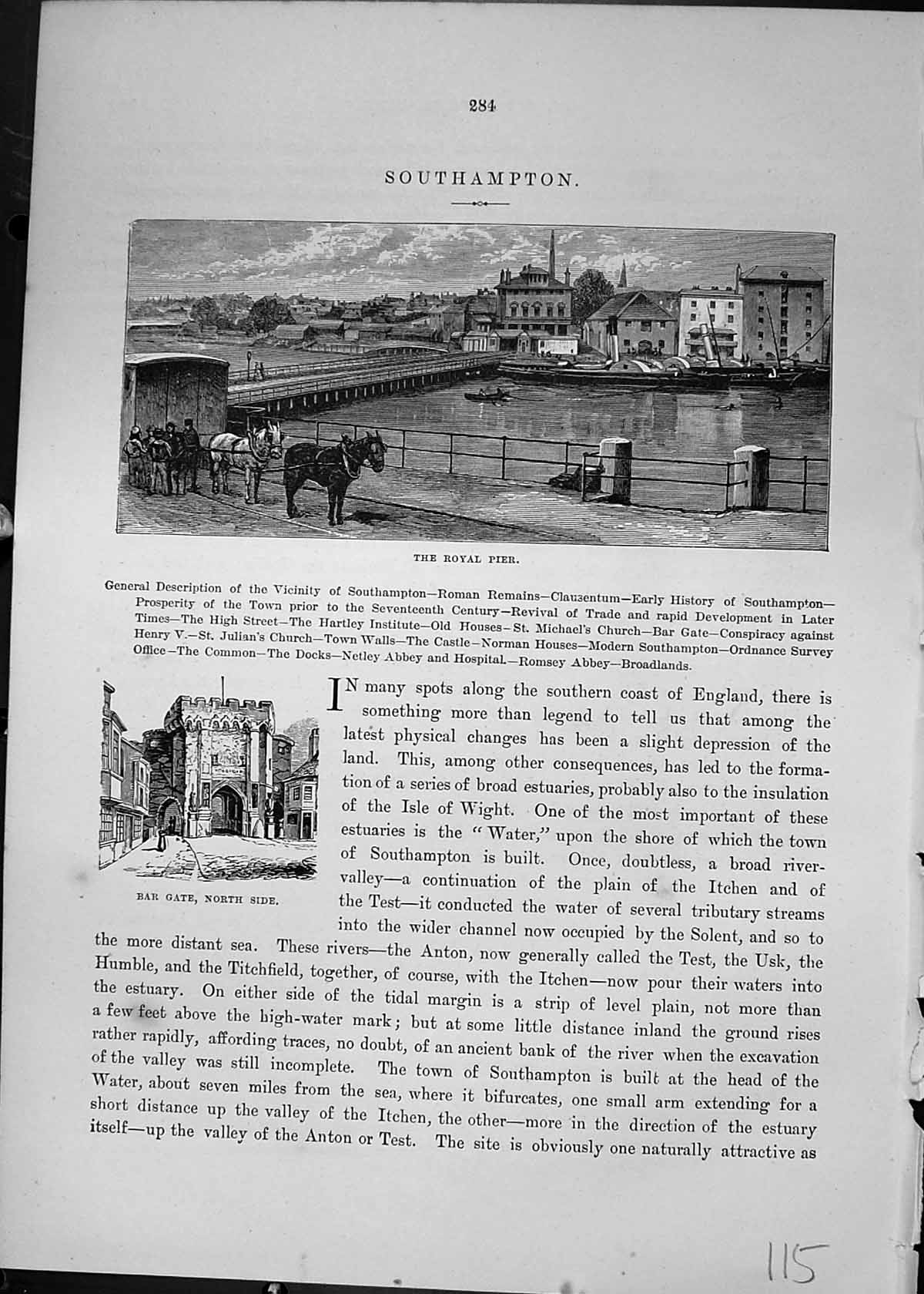 Antique Old Print Cassell C1882 Royal Pier Southampton Bar Gate North Side 19th