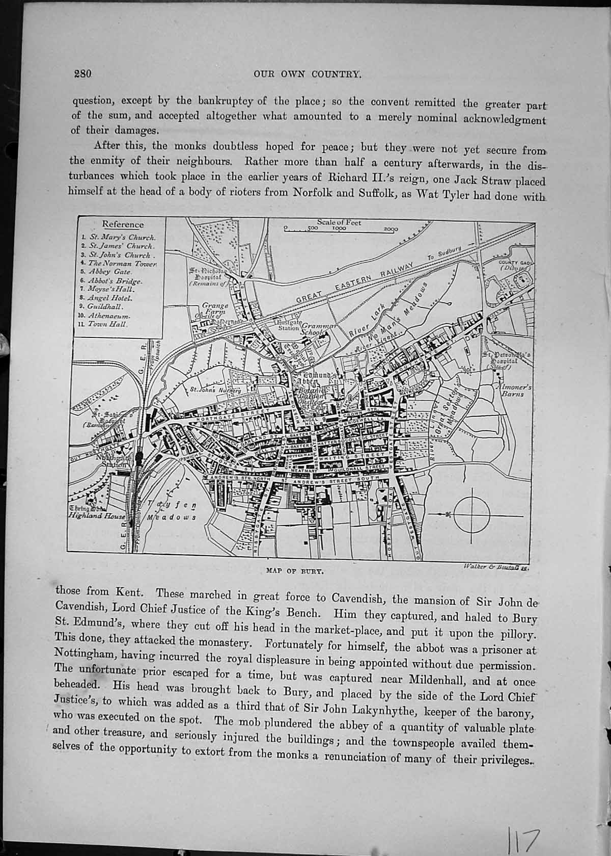 Old Street Plan Map Bury England Great Eastern Railway Cassell C1882 Victorian