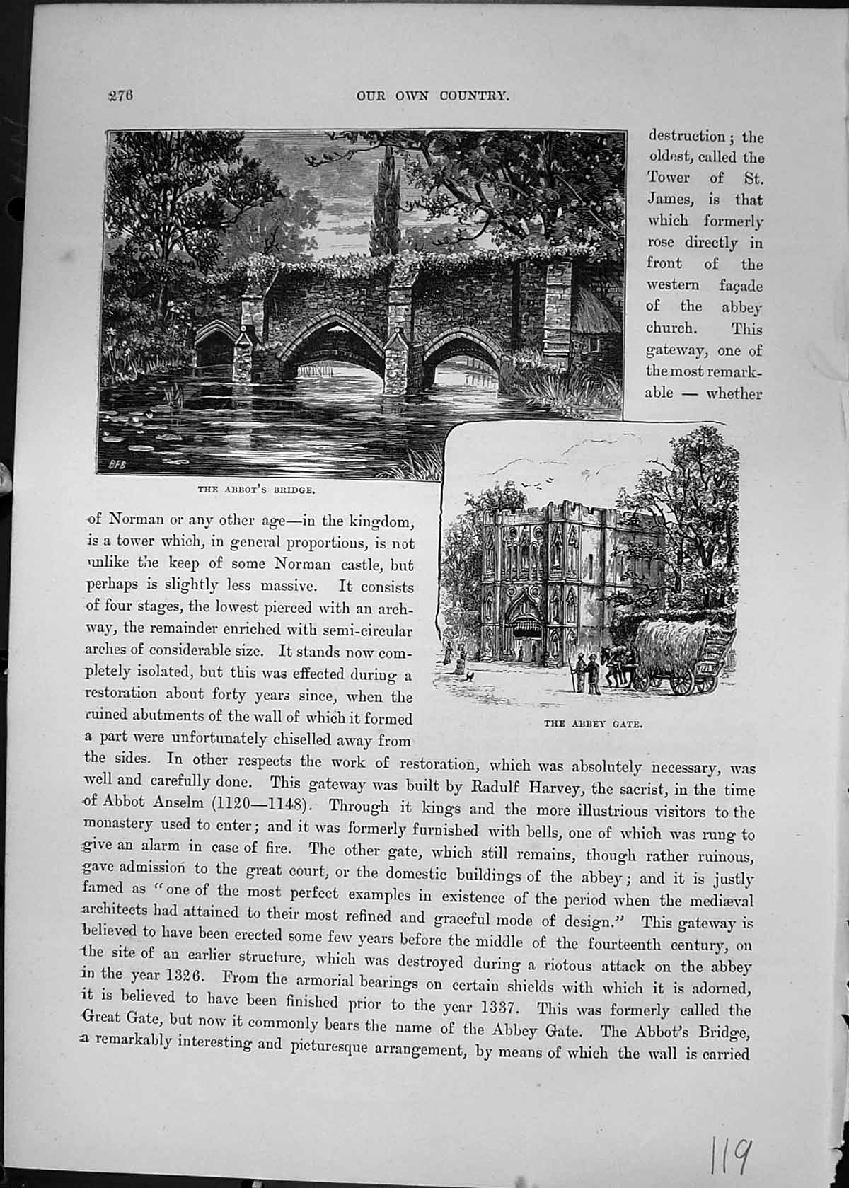 Original Old Antique Print Abbot'S Bridge River Abbey Gate Bury Cassell C1882
