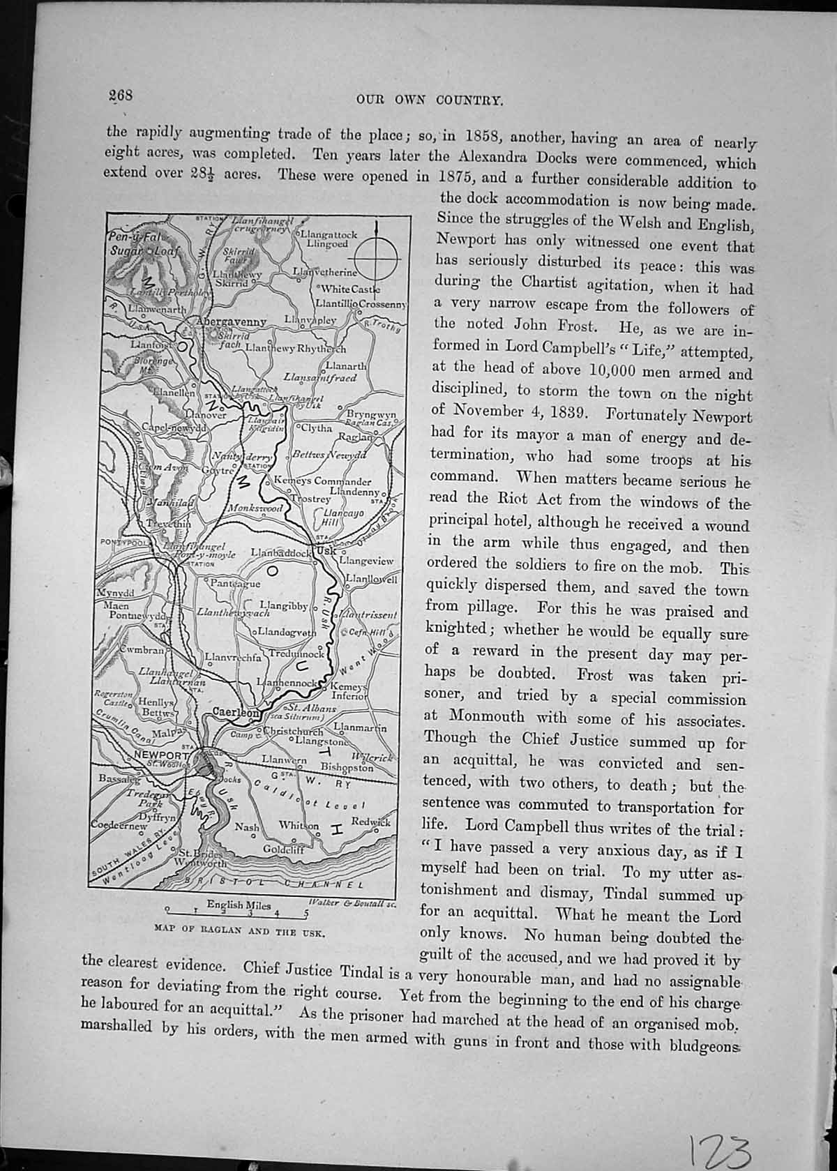 Old Antique Print Cassell C1882 Map Raglan River Usk Newport Abergavenny 19th