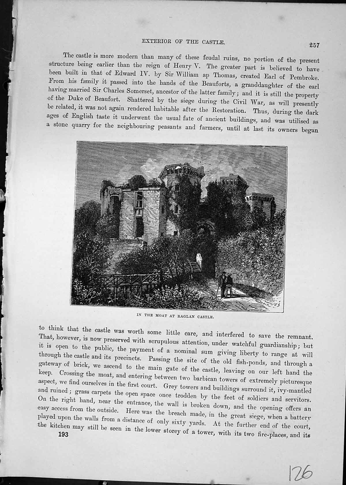 Original Old Antique Print Moat Raglan Castle Ruins Cassell C1882 Victorian