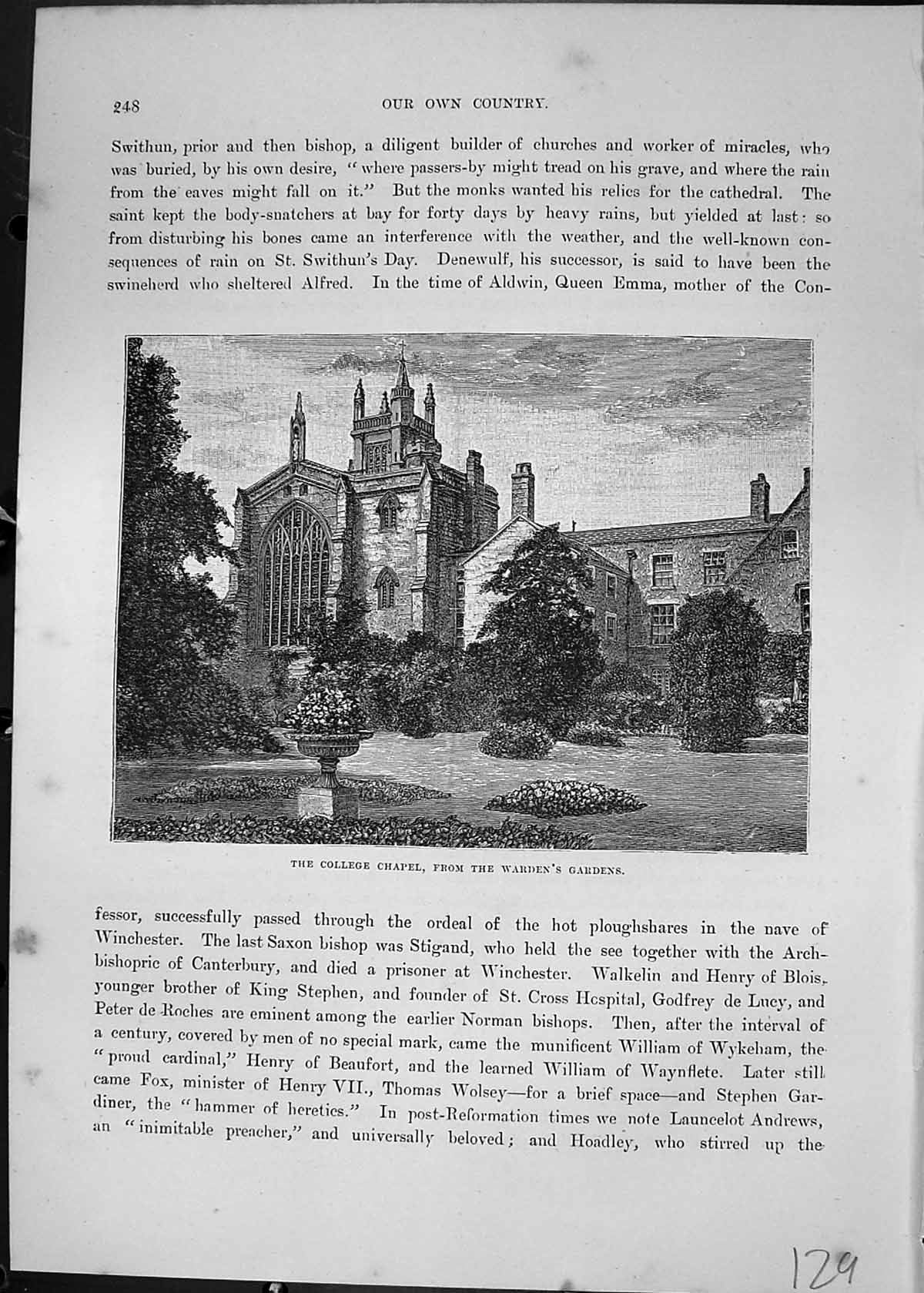 Antique Old Print College Chapel Warden'S Garden Architecture Cassell C1882