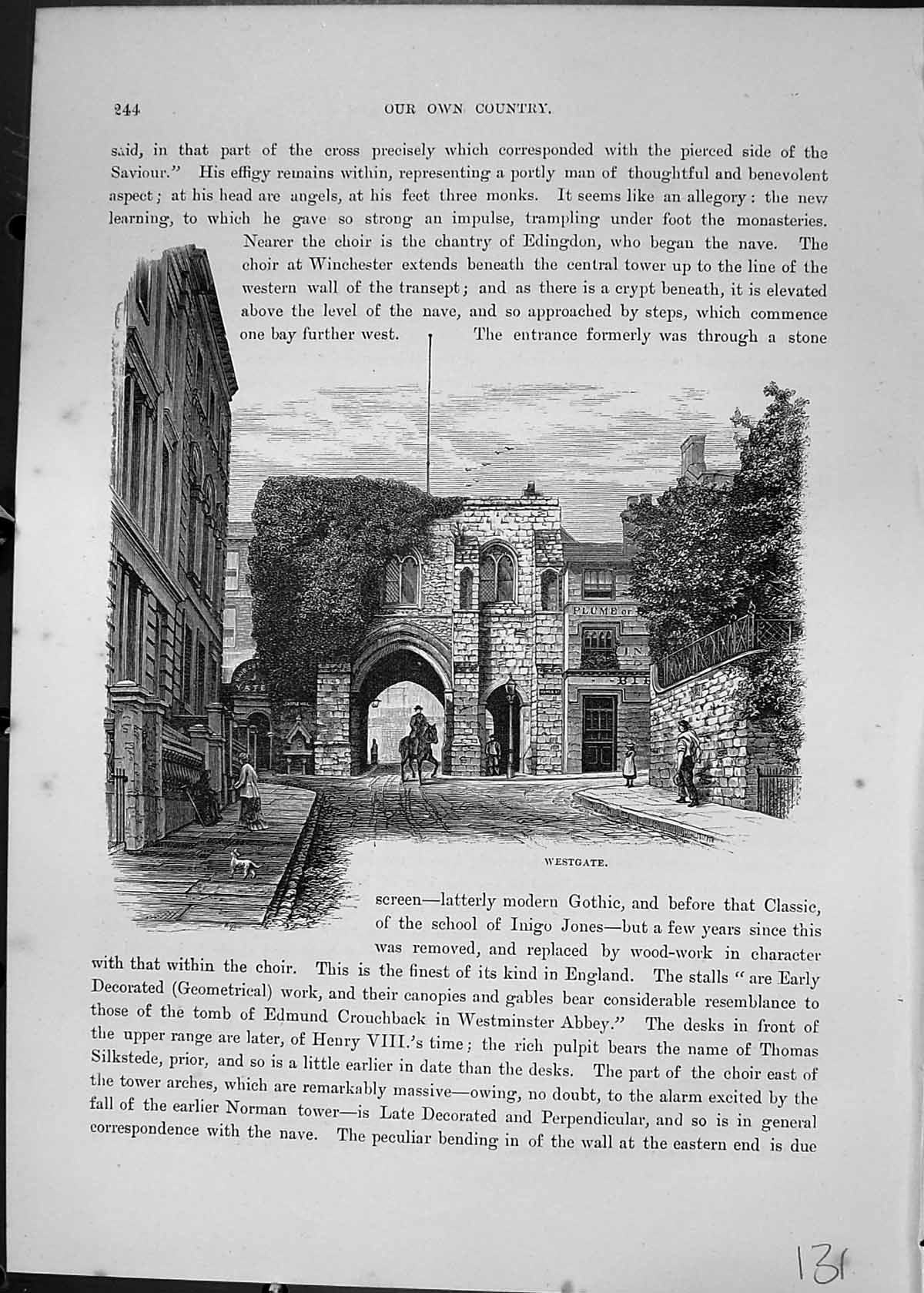 Antique Old Print Westgate Street Scene England Architecture Cassell C1882 19th