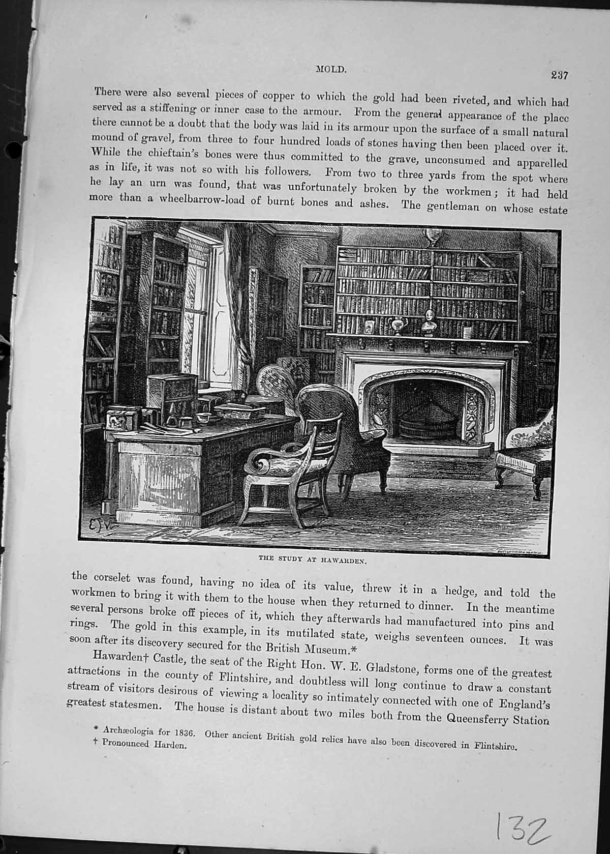 Old Print Study Chair Table Books Hawarden Castle Gladstone Cassell C1882 19th