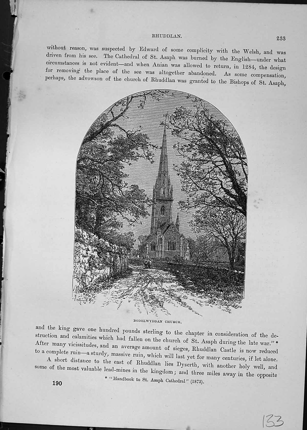 Old Antique Print Bodelwyddan Church Rhuddlan Architecture Cassell C1882 19th